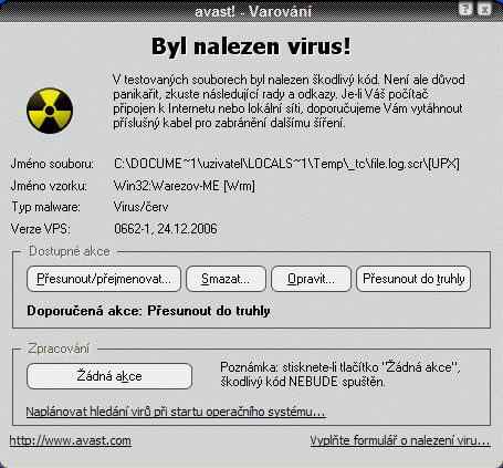 našiel sa vírus v počítači Avast